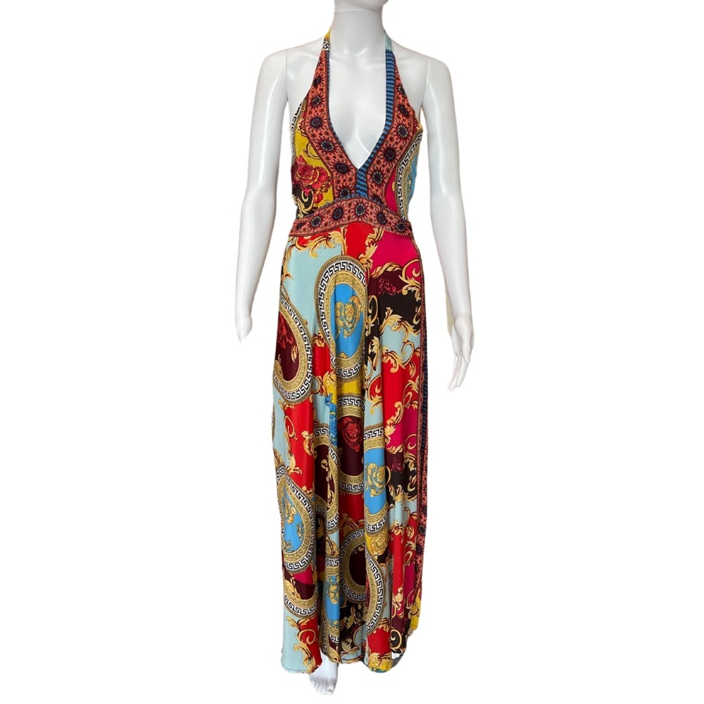 Flowing Elegance: Vibrant Multi-Color Halter Maxi Dress in Luxurious Silk Blend